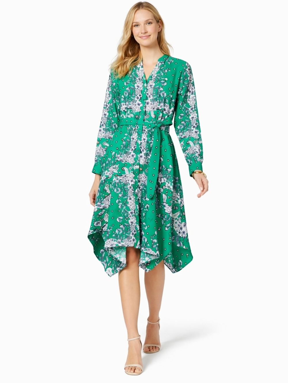 Charter Club Green Floral Shirtdress Handkerchief Hem Belted XS